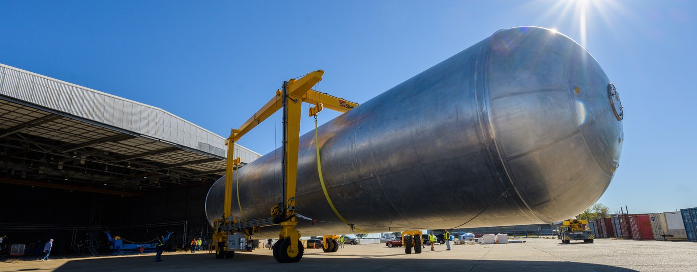 An SLS liquid-hydrogen tank at Michoud — very cold liquid fuel at mission scale.