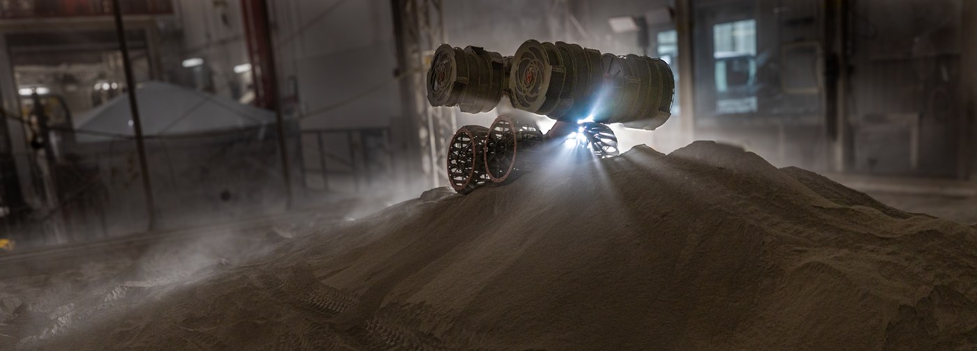 RASSOR, NASA's soil excavator, during testing — an early step toward mining on another world.